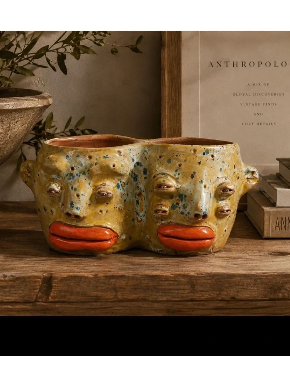 Rare~Anthropologie Signed Studio Art Pottery Double Face Planter~ Vase